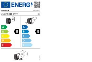 Reifen-Energielabel mit Klasse B, Geräusch 70 dB, QR-Code und Eignung für nasse/dry Fahrbedingungen.