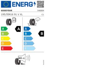 Reifen-Energieetikett mit A/B-Klassifizierung, EU-Flagge, QR-Code, Goodyear-Branding, 69 dB.