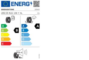 Reifen-Energielabel mit Effizienzklassen, 72 dB Geräuschpegel und Regenreifensymbol.