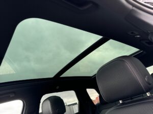 Auto-Innenansicht mit Panoramadach, grauer Himmel durch Glas sichtbar, schwarzer Sitz sichtbar.