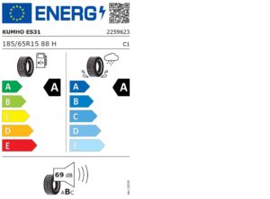 Reifen-Etikett mit Energieeffizienzklassen, Nasshaftung, externes Rollgeräusch 69 dB, QR-Code oben.