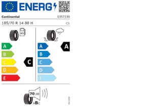 Reifen-Energielabel zeigte A-Einstufung, Nasshaftung A, 70 dB Lautstärke.