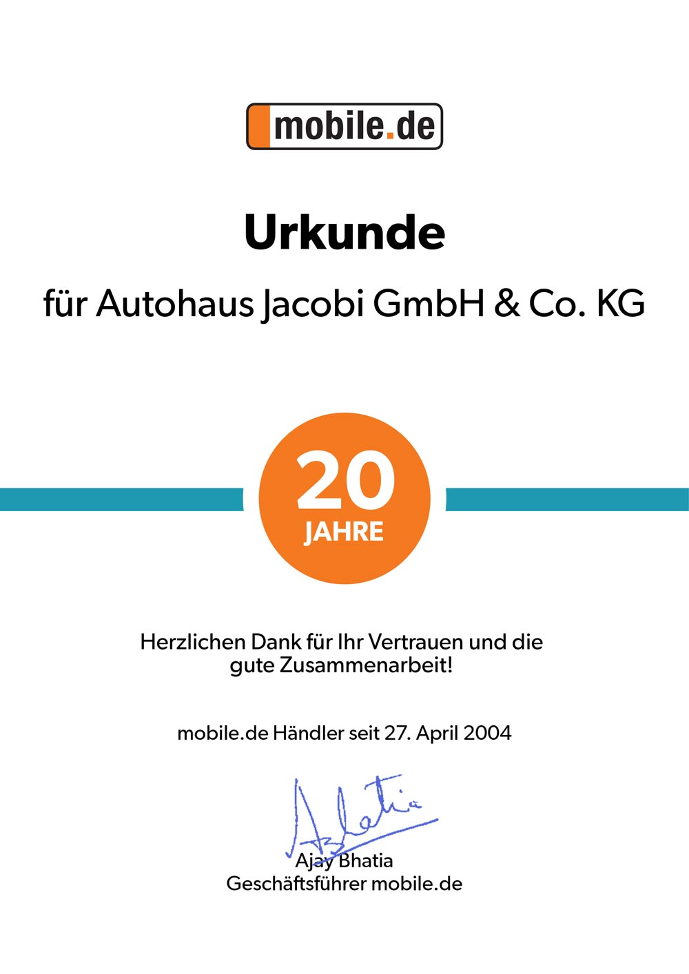 Zertifikat für Autohaus, 20 Jahre, blau-weiße Gestaltung, Unterschrift von Geschäftsführer.