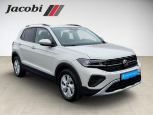 Silberner Volkswagen SUV seitlich, Jacobi-Logo oben links, moderne und elegante Form.