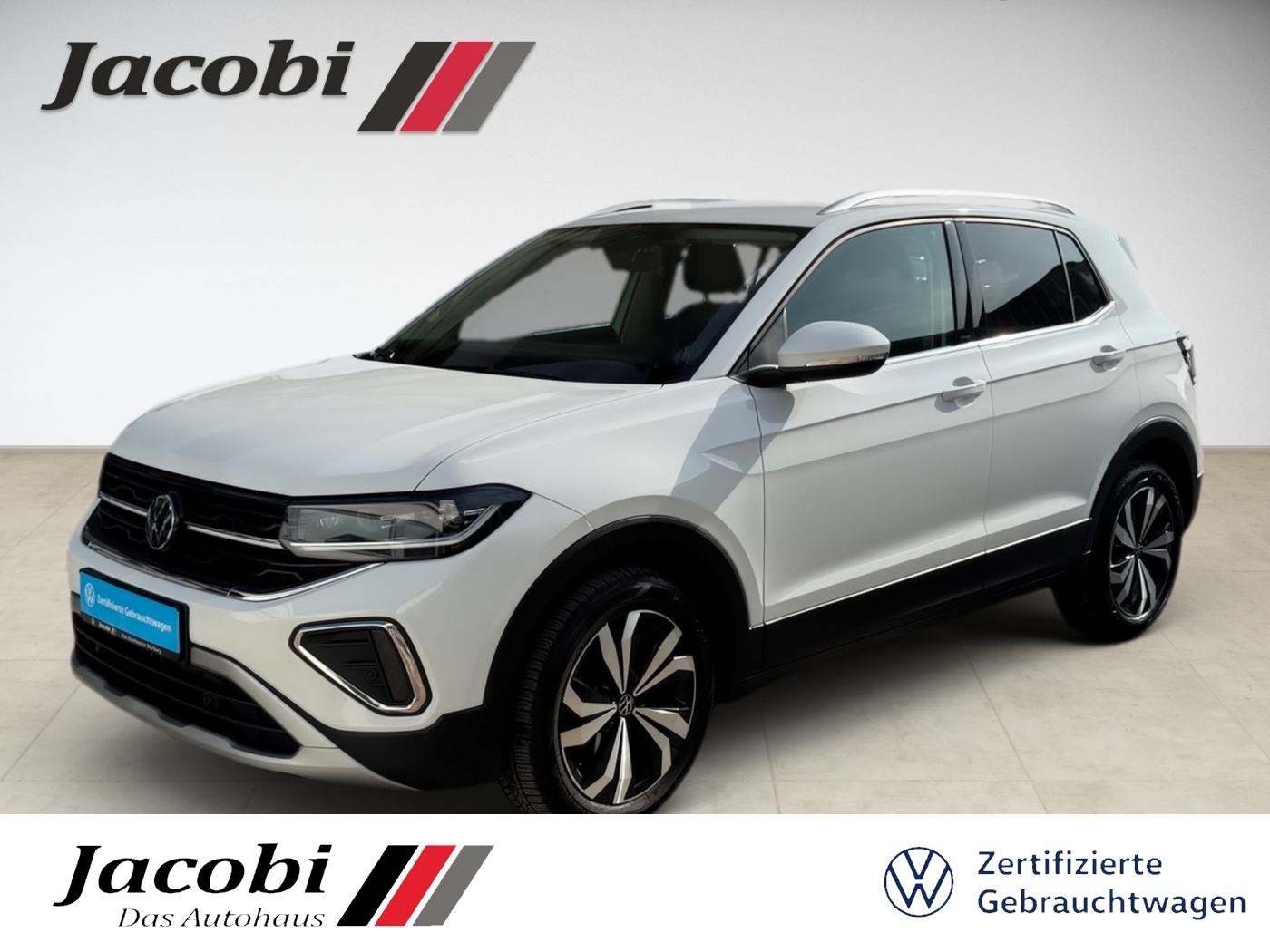 Silberner Volkswagen-SUV mit markanten Felgen und eleganter Front, Seitenansicht.